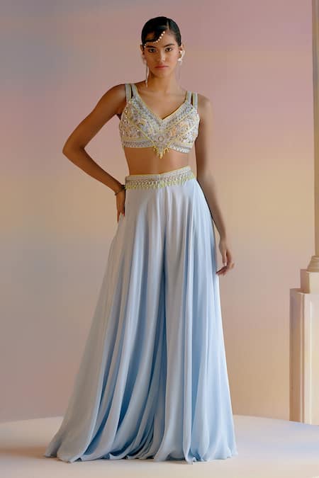 Shashank Arya Blue Crepe, Georgette Crystals, Beads, Zari Zardozi Embroidered Cape Sharara Set at Aza Fashions Shashank Arya_Blue Crepe, Georgette Crystals, Beads, Zari Zardozi Embroidered Cape Sharara Set _at_Aza_Fashions