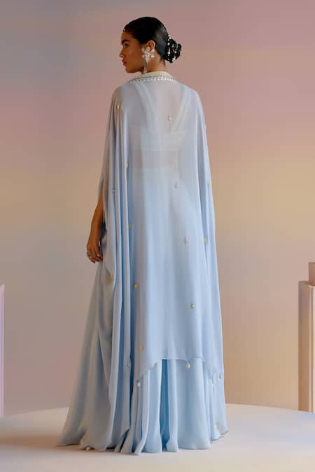 Shop Shashank Arya Blue Crepe, Georgette Crystals, Beads, Zari Zardozi Embroidered Cape Sharara Set at Aza Fashions Shop_Shashank Arya_Blue Crepe, Georgette Crystals, Beads, Zari Zardozi Embroidered Cape Sharara Set _at_Aza_Fashions