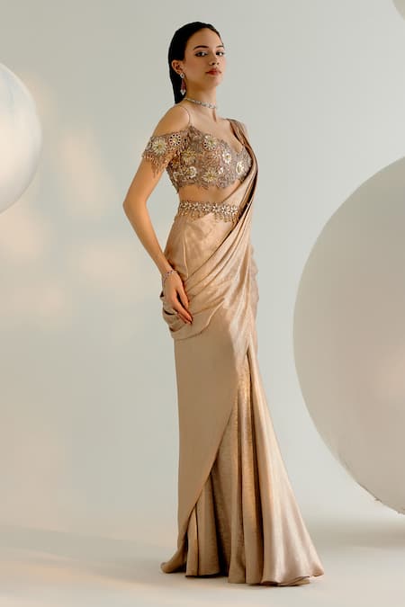 Shashank Arya Beige Denim, Silk, Satin Concept Pre-draped Saree With Embroidered Blouse Online at Aza Fashions Shashank Arya_Beige Denim, Silk, Satin Concept Pre-draped Saree With Embroidered Blouse _Online_at_Aza_Fashions