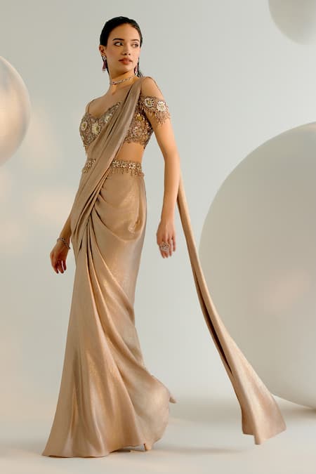 Buy Shashank Arya Beige Denim, Silk, Satin Concept Pre-draped Saree With Embroidered Blouse Online at Aza Fashions Buy_Shashank Arya_Beige Denim, Silk, Satin Concept Pre-draped Saree With Embroidered Blouse _Online_at_Aza_Fashions