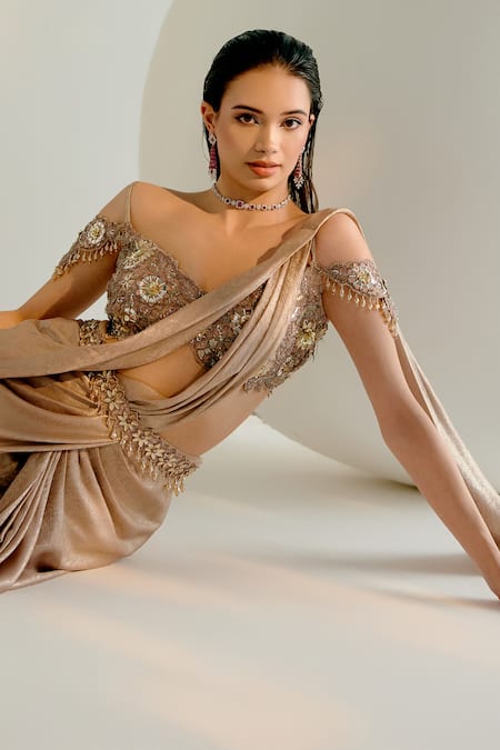 Shashank Arya Beige Denim, Silk, Satin Concept Pre-draped Saree With Embroidered Blouse at Aza Fashions Shashank Arya_Beige Denim, Silk, Satin Concept Pre-draped Saree With Embroidered Blouse _at_Aza_Fashions