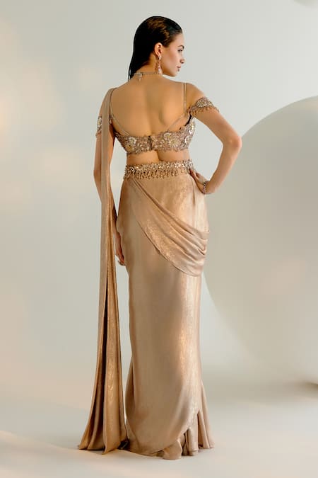 Shop Shashank Arya Beige Denim, Silk, Satin Concept Pre-draped Saree With Embroidered Blouse at Aza Fashions Shop_Shashank Arya_Beige Denim, Silk, Satin Concept Pre-draped Saree With Embroidered Blouse _at_Aza_Fashions