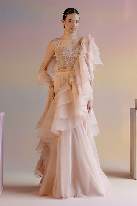 Buy Shashank Arya Beige Organza, Crepe, Satin Concept Draped Lehenga Saree With Embellished Blouse Online at Aza Fashions Buy_Shashank Arya_Beige Organza, Crepe, Satin Concept Draped Lehenga Saree With Embellished Blouse _Online_at_Aza_Fashions
