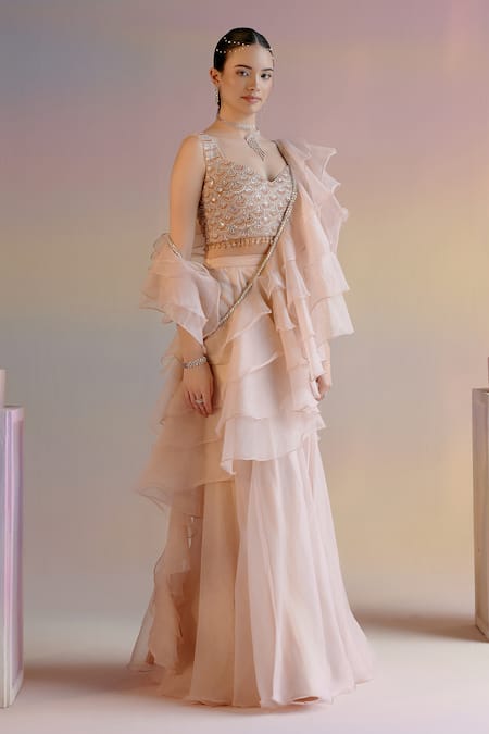 Shop Shashank Arya Beige Organza, Crepe, Satin Concept Draped Lehenga Saree With Embellished Blouse Online at Aza Fashions Shop_Shashank Arya_Beige Organza, Crepe, Satin Concept Draped Lehenga Saree With Embellished Blouse _Online_at_Aza_Fashions