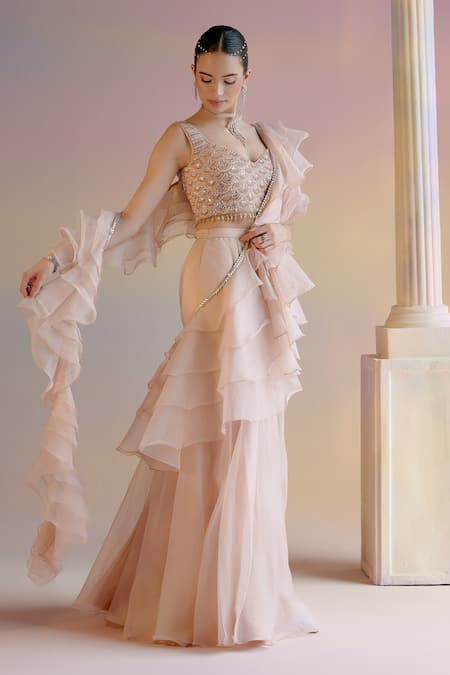 Shashank Arya Beige Organza, Crepe, Satin Concept Draped Lehenga Saree With Embellished Blouse at Aza Fashions Shashank Arya_Beige Organza, Crepe, Satin Concept Draped Lehenga Saree With Embellished Blouse _at_Aza_Fashions