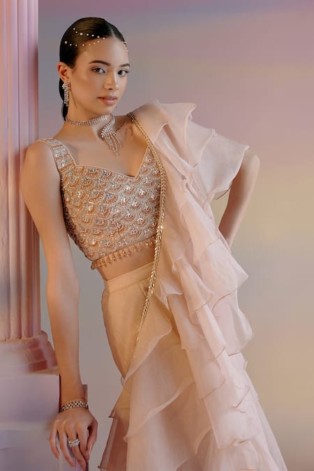 Buy Shashank Arya Beige Organza, Crepe, Satin Concept Draped Lehenga Saree With Embellished Blouse Buy_Shashank Arya_Beige Organza, Crepe, Satin Concept Draped Lehenga Saree With Embellished Blouse