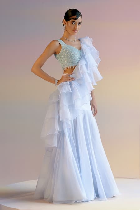 Shashank Arya Blue Organza, Satin, Crepe Concept Draped Lehenga Saree With Embellished Blouse Online at Aza Fashions Shashank Arya_Blue Organza, Satin, Crepe Concept Draped Lehenga Saree With Embellished Blouse _Online_at_Aza_Fashions