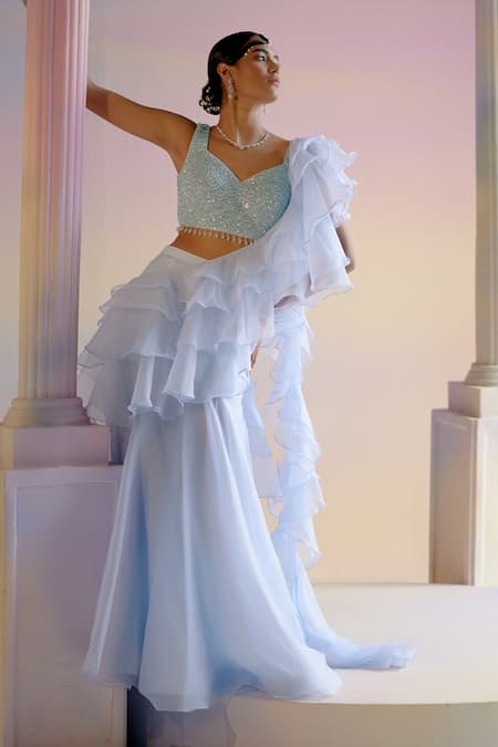 Buy Shashank Arya Blue Organza, Satin, Crepe Concept Draped Lehenga Saree With Embellished Blouse Online at Aza Fashions Buy_Shashank Arya_Blue Organza, Satin, Crepe Concept Draped Lehenga Saree With Embellished Blouse _Online_at_Aza_Fashions