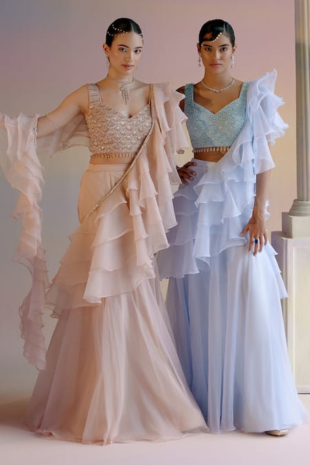 Shashank Arya Blue Organza, Satin, Crepe Concept Draped Lehenga Saree With Embellished Blouse at Aza Fashions Shashank Arya_Blue Organza, Satin, Crepe Concept Draped Lehenga Saree With Embellished Blouse _at_Aza_Fashions