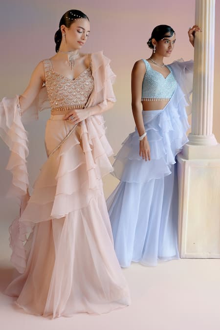 Buy Shashank Arya Blue Organza, Satin, Crepe Concept Draped Lehenga Saree With Embellished Blouse Buy_Shashank Arya_Blue Organza, Satin, Crepe Concept Draped Lehenga Saree With Embellished Blouse