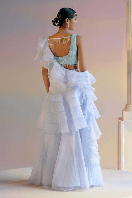 Shop Shashank Arya Blue Organza, Satin, Crepe Concept Draped Lehenga Saree With Embellished Blouse at Aza Fashions Shop_Shashank Arya_Blue Organza, Satin, Crepe Concept Draped Lehenga Saree With Embellished Blouse _at_Aza_Fashions