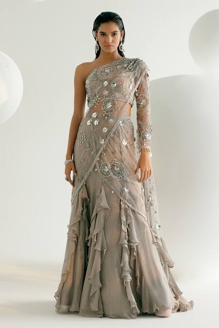Shashank Arya Grey Tulle, Georgette, Satin Embroidered Concept Draped Saree With Blouse Online at Aza Fashions Shashank Arya_Grey Tulle, Georgette, Satin Embroidered Concept Draped Saree With Blouse _Online_at_Aza_Fashions