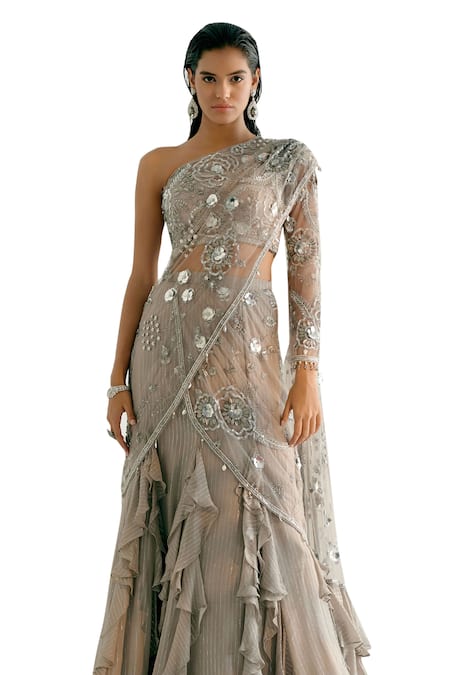 Buy Shashank Arya Grey Tulle, Georgette, Satin Embroidered Concept Draped Saree With Blouse Online at Aza Fashions Buy_Shashank Arya_Grey Tulle, Georgette, Satin Embroidered Concept Draped Saree With Blouse _Online_at_Aza_Fashions