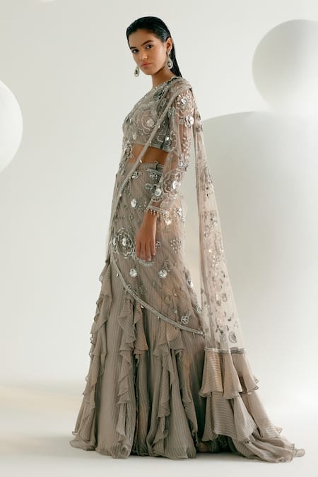 Shop Shashank Arya Grey Tulle, Georgette, Satin Embroidered Concept Draped Saree With Blouse Online at Aza Fashions Shop_Shashank Arya_Grey Tulle, Georgette, Satin Embroidered Concept Draped Saree With Blouse _Online_at_Aza_Fashions