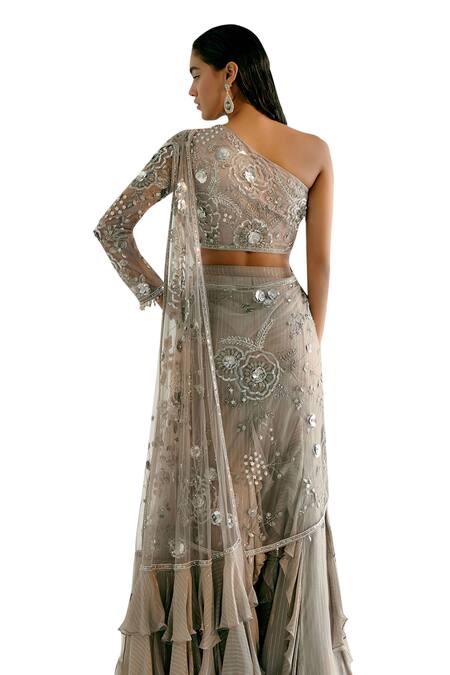 Shop Shashank Arya Grey Tulle, Georgette, Satin Embroidered Concept Draped Saree With Blouse Shop_Shashank Arya_Grey Tulle, Georgette, Satin Embroidered Concept Draped Saree With Blouse