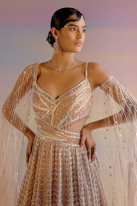 Shashank Arya_Beige Organza, Tulle, Satin, Linen Pearls, Sequins, Crystals Embroidered Gown _Online_at_Aza_Fashions