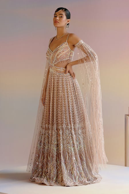 Buy_Shashank Arya_Beige Organza, Tulle, Satin, Linen Pearls, Sequins, Crystals Embroidered Gown _Online_at_Aza_Fashions