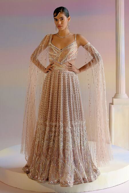 Shop_Shashank Arya_Beige Organza, Tulle, Satin, Linen Pearls, Sequins, Crystals Embroidered Gown _Online_at_Aza_Fashions