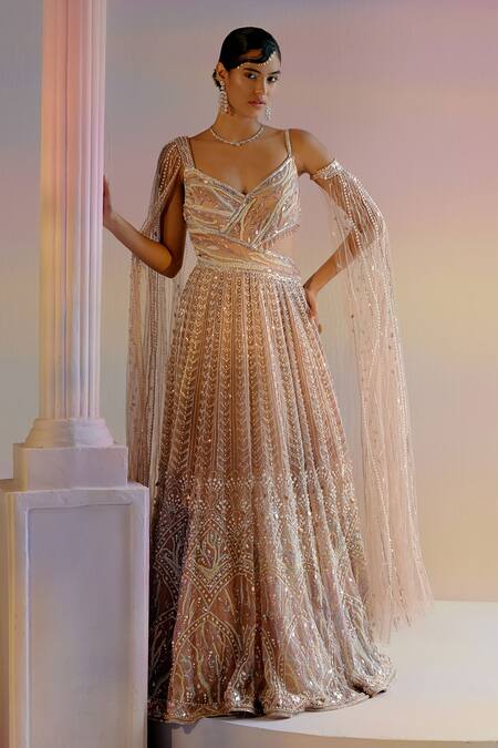 Shashank Arya_Beige Organza, Tulle, Satin, Linen Pearls, Sequins, Crystals Embroidered Gown _at_Aza_Fashions