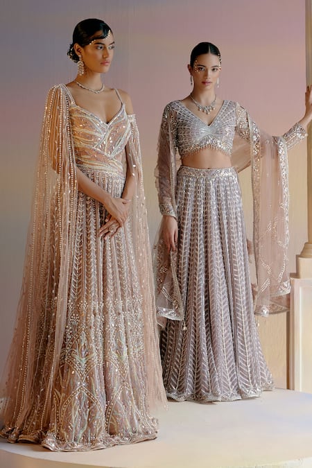 Buy_Shashank Arya_Beige Organza, Tulle, Satin, Linen Pearls, Sequins, Crystals Embroidered Gown 
