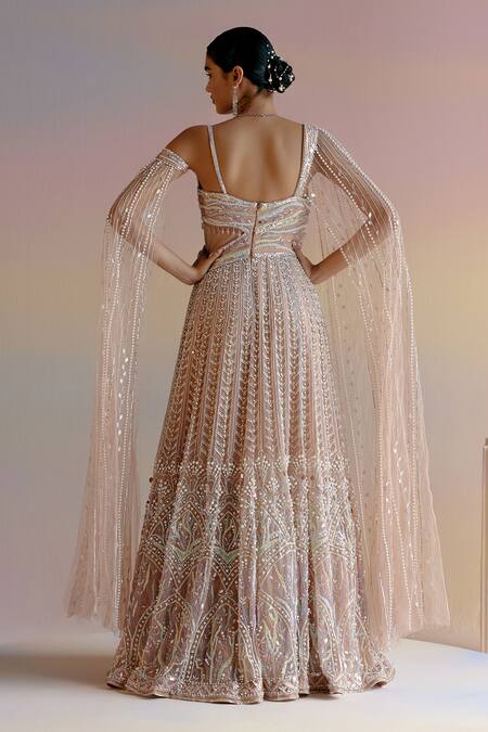 Shop_Shashank Arya_Beige Organza, Tulle, Satin, Linen Pearls, Sequins, Crystals Embroidered Gown _at_Aza_Fashions