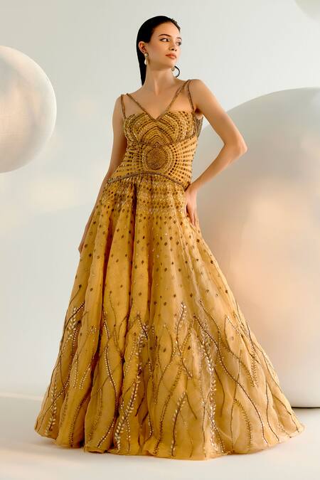 Shashank Arya Gold Organza, Tulle, Linen Sequins, Pearls, Crystals Sweetheart Embroidered Gown Online at Aza Fashions Shashank Arya_Gold Organza, Tulle, Linen Sequins, Pearls, Crystals Sweetheart Embroidered Gown _Online_at_Aza_Fashions