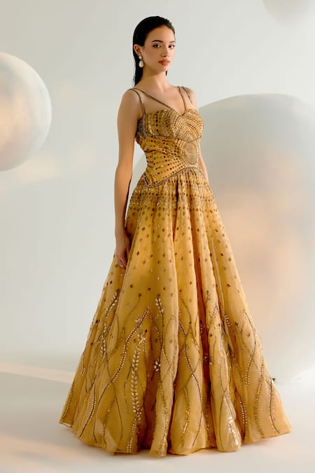 Buy Shashank Arya Gold Organza, Tulle, Linen Sequins, Pearls, Crystals Sweetheart Embroidered Gown Online at Aza Fashions Buy_Shashank Arya_Gold Organza, Tulle, Linen Sequins, Pearls, Crystals Sweetheart Embroidered Gown _Online_at_Aza_Fashions