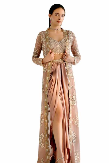 Shashank Arya Pink Organza, Satin Sequins, Crystals, Floral Embroidered Longline Jacket Set Online at Aza Fashions Shashank Arya_Pink Organza, Satin Sequins, Crystals, Floral Embroidered Longline Jacket Set _Online_at_Aza_Fashions