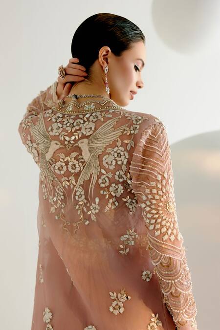 Shashank Arya Pink Organza, Satin Sequins, Crystals, Floral Embroidered Longline Jacket Set at Aza Fashions Shashank Arya_Pink Organza, Satin Sequins, Crystals, Floral Embroidered Longline Jacket Set _at_Aza_Fashions