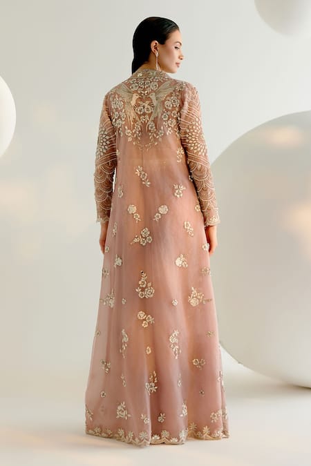 Shop Shashank Arya Pink Organza, Satin Sequins, Crystals, Floral Embroidered Longline Jacket Set at Aza Fashions Shop_Shashank Arya_Pink Organza, Satin Sequins, Crystals, Floral Embroidered Longline Jacket Set _at_Aza_Fashions