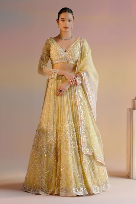 SHASHANK ARYA Yellow Organza Embroidery Pearl Plunge V Neck Leaf Stripe Bridal Lehenga Set 