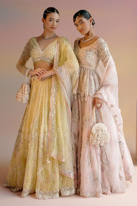 Shashank Arya_Yellow Organza, Satin, Net Crystals, Leaf Stripe Embroidered Bridal Lehenga Set _Online_at_Aza_Fashions