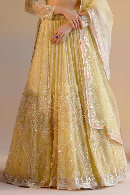 Buy_Shashank Arya_Yellow Organza, Satin, Net Crystals, Leaf Stripe Embroidered Bridal Lehenga Set _Online_at_Aza_Fashions