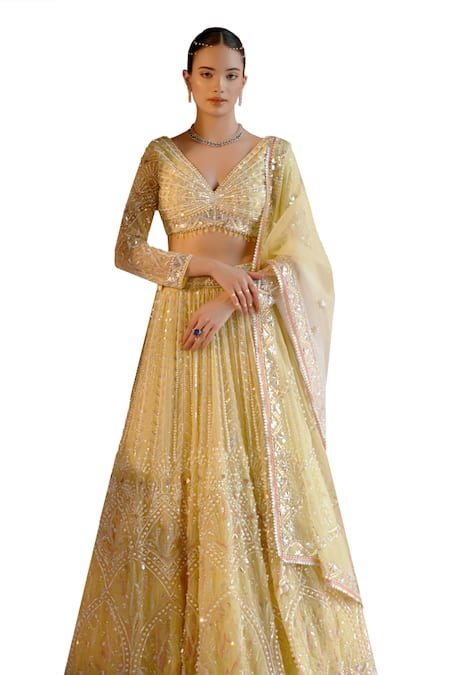 Shop_Shashank Arya_Yellow Organza, Satin, Net Crystals, Leaf Stripe Embroidered Bridal Lehenga Set _Online_at_Aza_Fashions