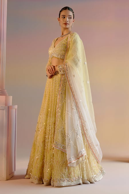 Shashank Arya_Yellow Organza, Satin, Net Crystals, Leaf Stripe Embroidered Bridal Lehenga Set _at_Aza_Fashions