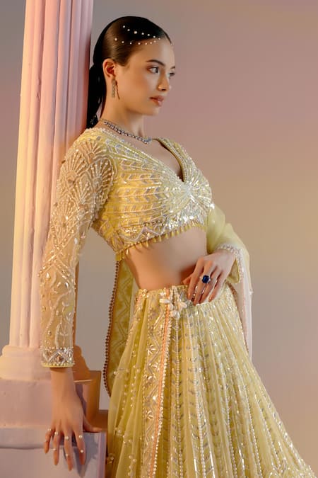 Shop_Shashank Arya_Yellow Organza, Satin, Net Crystals, Leaf Stripe Embroidered Bridal Lehenga Set 