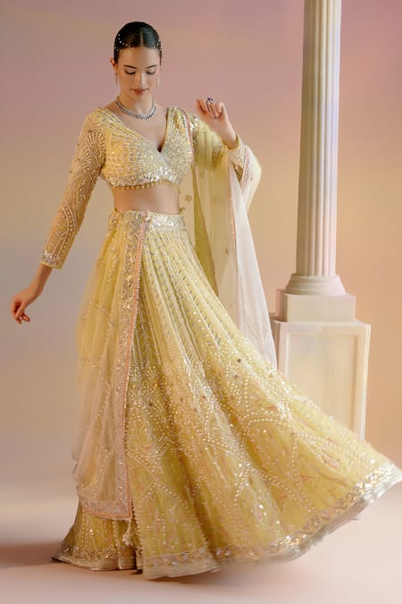 Shashank Arya Leaf Stripe Embroidered Bridal Lehenga Set 
