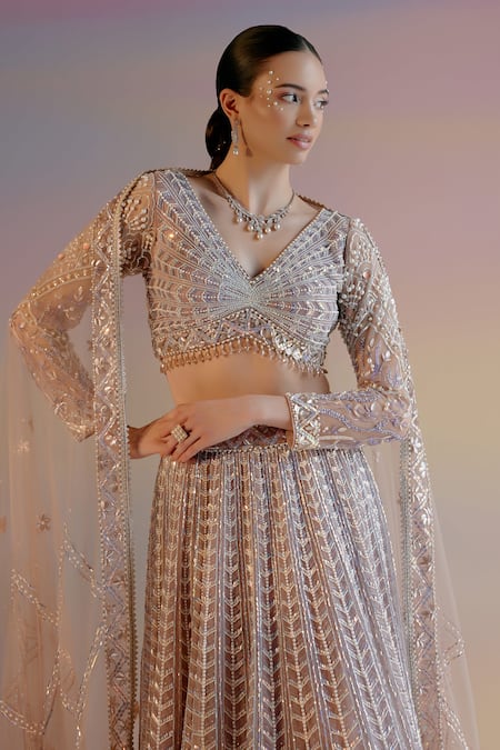 Shop Shashank Arya Purple Organza, Satin, Tulle Pearls, Sequins, Crystals Embroidered Lehenga Set Online at Aza Fashions Shop_Shashank Arya_Purple Organza, Satin, Tulle Pearls, Sequins, Crystals Embroidered Lehenga Set _Online_at_Aza_Fashions