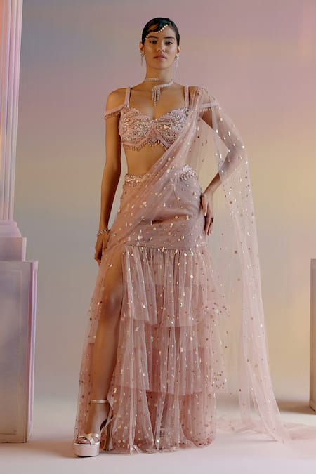 SHASHANK ARYA Pink Tulle Embroidery Pearl V Neck Concept Pre-draped Saree With Blouse 