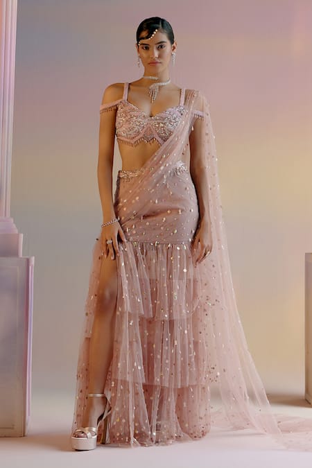 Shashank Arya Pink Tulle, Satin Crystals, Pearls, Concept Pre-draped Saree With Blouse Online at Aza Fashions Shashank Arya_Pink Tulle, Satin Crystals, Pearls, Concept Pre-draped Saree With Blouse _Online_at_Aza_Fashions
