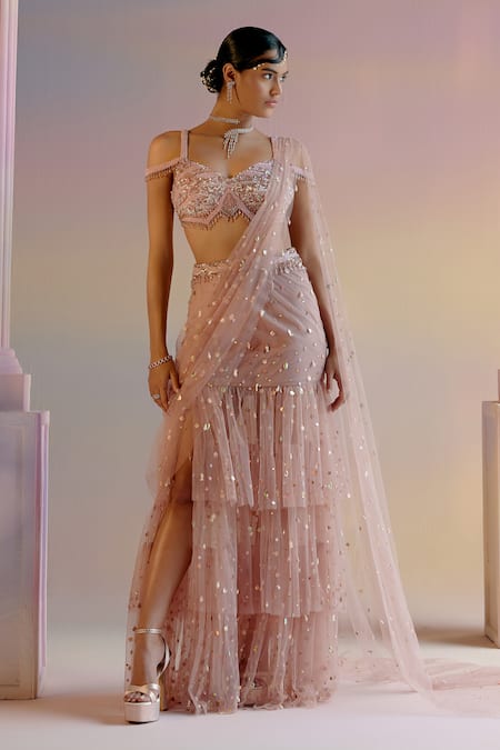 Buy Shashank Arya Pink Tulle, Satin Crystals, Pearls, Concept Pre-draped Saree With Blouse Online at Aza Fashions Buy_Shashank Arya_Pink Tulle, Satin Crystals, Pearls, Concept Pre-draped Saree With Blouse _Online_at_Aza_Fashions