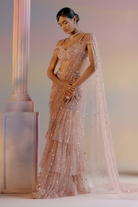 Shashank Arya Pink Tulle, Satin Crystals, Pearls, Concept Pre-draped Saree With Blouse at Aza Fashions Shashank Arya_Pink Tulle, Satin Crystals, Pearls, Concept Pre-draped Saree With Blouse _at_Aza_Fashions