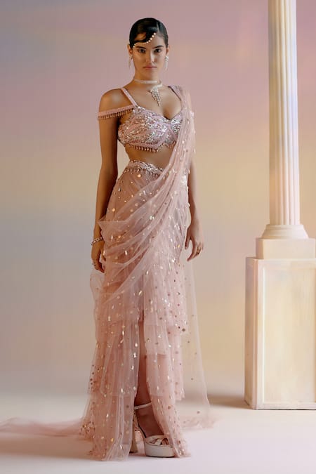 Buy Shashank Arya Pink Tulle, Satin Crystals, Pearls, Concept Pre-draped Saree With Blouse Buy_Shashank Arya_Pink Tulle, Satin Crystals, Pearls, Concept Pre-draped Saree With Blouse