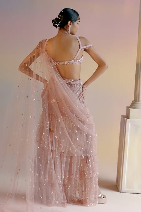 Shop Shashank Arya Pink Tulle, Satin Crystals, Pearls, Concept Pre-draped Saree With Blouse at Aza Fashions Shop_Shashank Arya_Pink Tulle, Satin Crystals, Pearls, Concept Pre-draped Saree With Blouse _at_Aza_Fashions