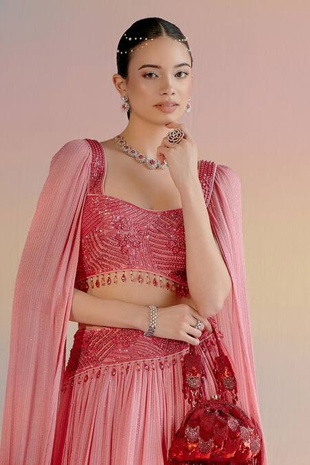 Buy Shashank Arya Red Satin, Georgette, Linen Beads, Cut Ombre Embroidered Lehenga And Blouse Set Online at Aza Fashions Buy_Shashank Arya_Red Satin, Georgette, Linen Beads, Cut Ombre Embroidered Lehenga And Blouse Set _Online_at_Aza_Fashions
