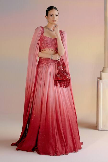 Shop Shashank Arya Red Satin, Georgette, Linen Beads, Cut Ombre Embroidered Lehenga And Blouse Set Online at Aza Fashions Shop_Shashank Arya_Red Satin, Georgette, Linen Beads, Cut Ombre Embroidered Lehenga And Blouse Set _Online_at_Aza_Fashions