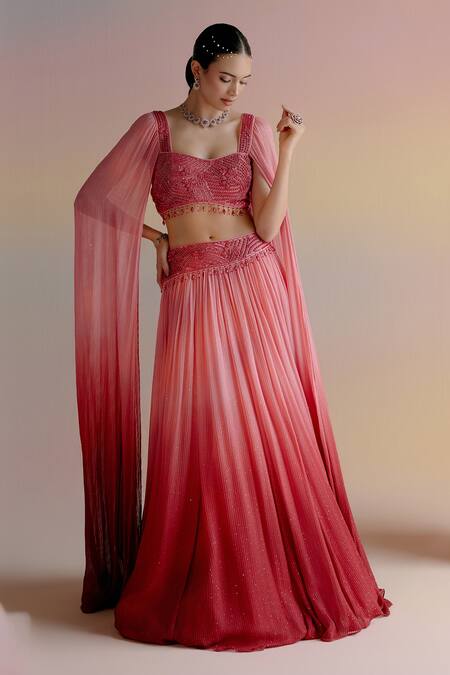 Shashank Arya Red Satin, Georgette, Linen Beads, Cut Ombre Embroidered Lehenga And Blouse Set at Aza Fashions Shashank Arya_Red Satin, Georgette, Linen Beads, Cut Ombre Embroidered Lehenga And Blouse Set _at_Aza_Fashions