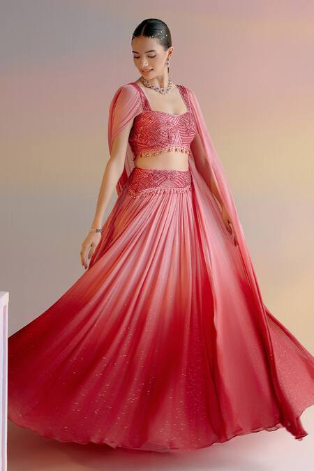 Buy Shashank Arya Red Satin, Georgette, Linen Beads, Cut Ombre Embroidered Lehenga And Blouse Set Buy_Shashank Arya_Red Satin, Georgette, Linen Beads, Cut Ombre Embroidered Lehenga And Blouse Set