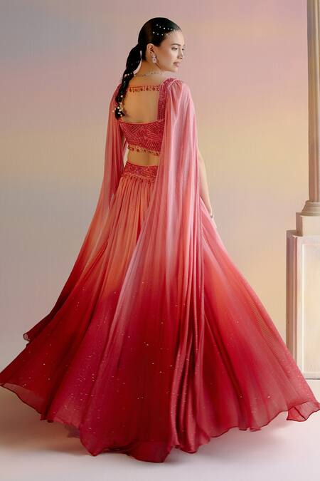 Shop Shashank Arya Red Satin, Georgette, Linen Beads, Cut Ombre Embroidered Lehenga And Blouse Set Shop_Shashank Arya_Red Satin, Georgette, Linen Beads, Cut Ombre Embroidered Lehenga And Blouse Set