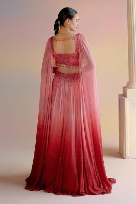 Shop Shashank Arya Red Satin, Georgette, Linen Beads, Cut Ombre Embroidered Lehenga And Blouse Set at Aza Fashions Shop_Shashank Arya_Red Satin, Georgette, Linen Beads, Cut Ombre Embroidered Lehenga And Blouse Set _at_Aza_Fashions